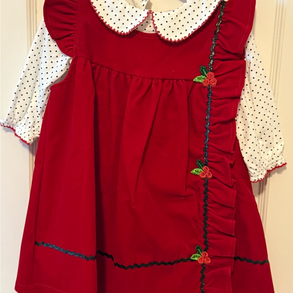 Red Dress with Polka Dot Collar and Floral Embroidery